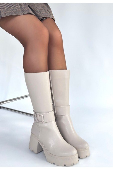 Moki Bej Cilt Topuklu Çizme