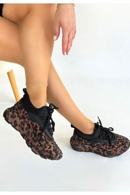 Rimay Kahverengi Leopar Boncuk İşlemeli Spor Ayakkabı