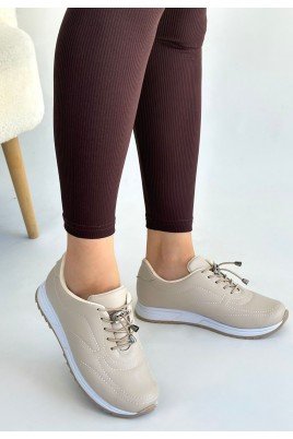Kadın Sneaker Bej Cilt Bağcıklı Günlük Spor Ayakkabı