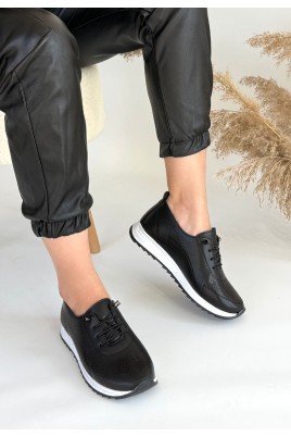 Kadın Sneaker Siyah Cilt Bağcıklı Günlük Spor Ayakkabı