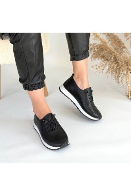Kadın Sneaker Siyah Cilt Bağcıklı Günlük Spor Ayakkabı