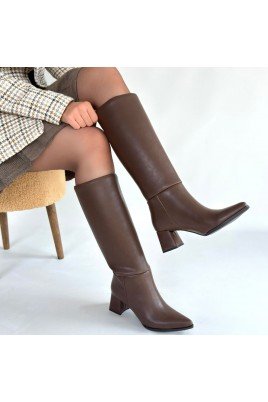 Kadın Topuklu Çizme Acı Kahve Cilt Uzun Çizme Şık Kış