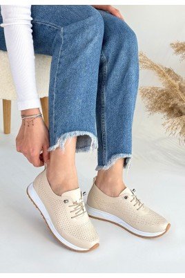 Kadın Sneaker Bej Cilt Bağcıklı Günlük Spor Ayakkabı