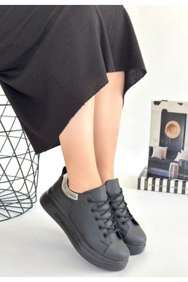 Kadın Sneaker Siyah Cilt Bağcıklı Günlük Spor Ayakkabı