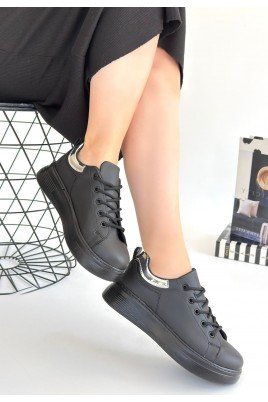 Kadın Sneaker Siyah Cilt Bağcıklı Günlük Spor Ayakkabı