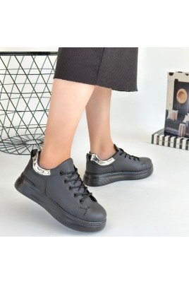 Kadın Sneaker Siyah Cilt Bağcıklı Günlük Spor Ayakkabı