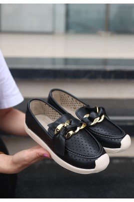 Kadın Babet Ayakkabı Siyah Cilt Rahat Düz Taban Günlük