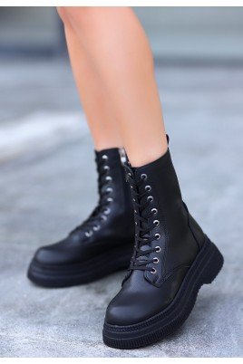 Kadın Bağcıklı Bot Siyah Cilt Postal Tarz Günlük & Kışlık