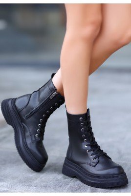 Kadın Bağcıklı Bot Siyah Cilt Postal Tarz Günlük & Kışlık