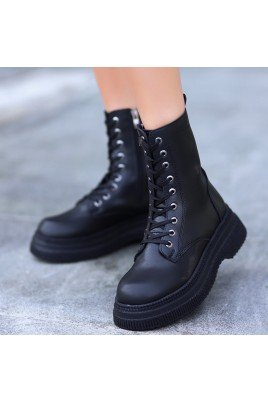 Kadın Bağcıklı Bot Siyah Cilt Postal Tarz Günlük & Kışlık
