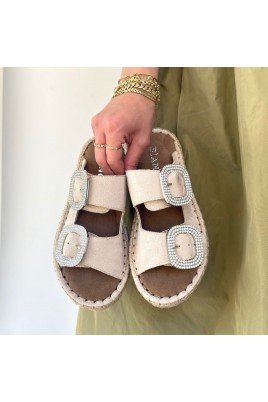 Kadın Terlik Bej Nubuk Tokalı Günlük Yazlık Rahat