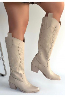 Kadın Topuklu Çizme Bej Cilt Uzun Çizme Şık Kış
