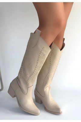 Kadın Topuklu Çizme Bej Cilt Uzun Çizme Şık Kış