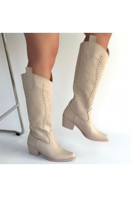 Kadın Topuklu Çizme Bej Cilt Uzun Çizme Şık Kış