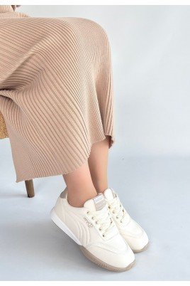 Kadın Sneaker Bej Cilt Bağcıklı Günlük Spor Ayakkabı