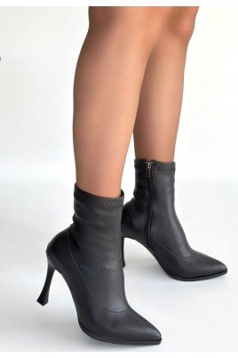 Kadın Topuklu Bot Siyah Cilt Streç Şık Kısa Bot Günlük & Özel Gün