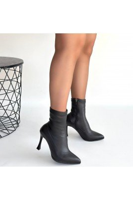 Kadın Topuklu Bot Siyah Cilt Streç Şık Kısa Bot Günlük & Özel Gün