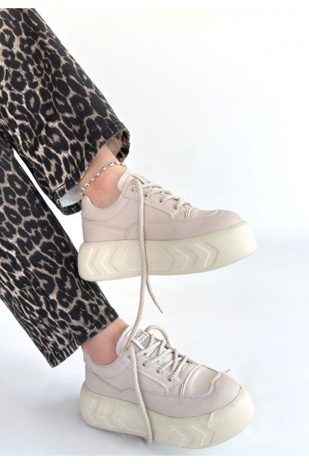 Kadın Sneaker Bej Cilt Bağcıklı Günlük Spor Ayakkabı