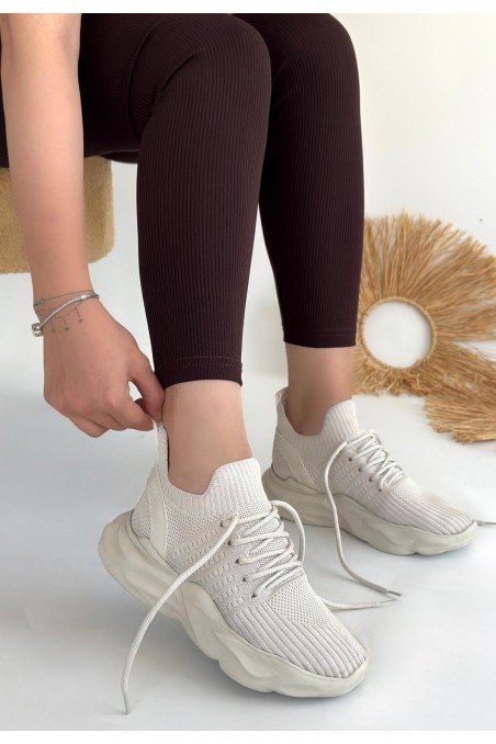 Kadın Sneaker Bej Triko Bağcıklı Günlük Spor Ayakkabı