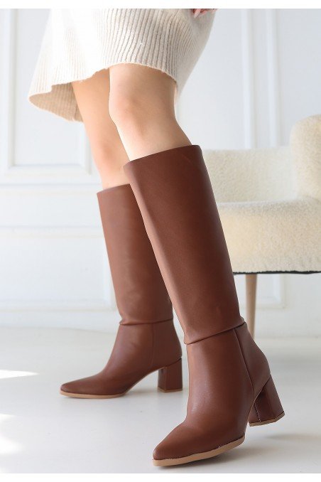 Kadın Topuklu Çizme Taba Cilt Uzun Çizme Şık Kış