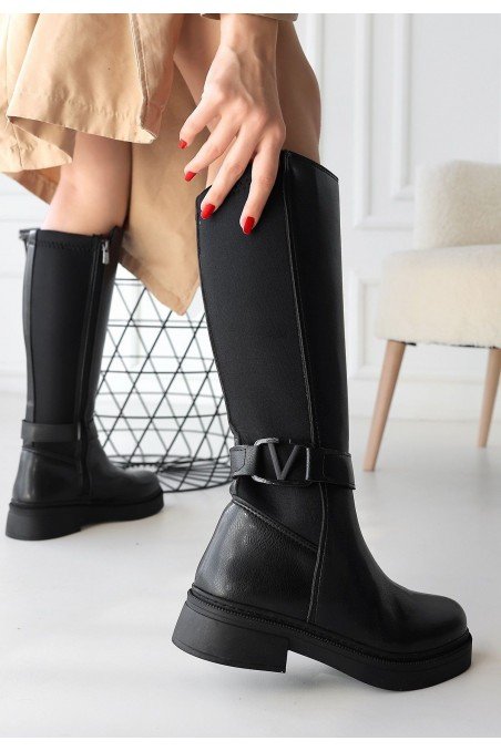 Kadın Çizme Siyah Cilt Uzun Diz Altı Günlük Kış Sezonu