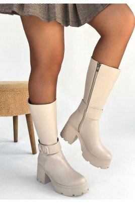 Kadın Topuklu Çizme Bej Cilt Uzun Çizme Şık Kış
