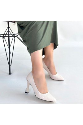 Kadın Topuklu Ayakkabı Bej Rugan Baskılı Abiye & Gece Şık Ofis