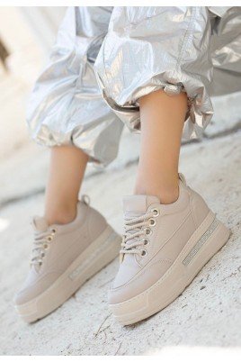 Kadın Sneaker Bej Cilt Bağcıklı Günlük Spor Ayakkabı