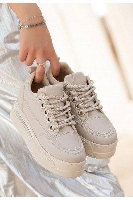 Kadın Sneaker Bej Cilt Bağcıklı Günlük Spor Ayakkabı