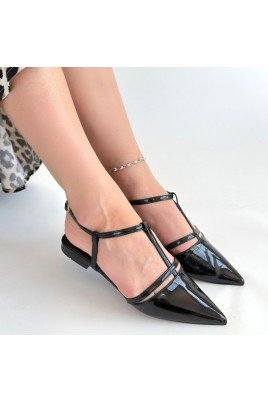 Kadın Babet Ayakkabı Siyah Rugan Rahat Düz Taban Günlük