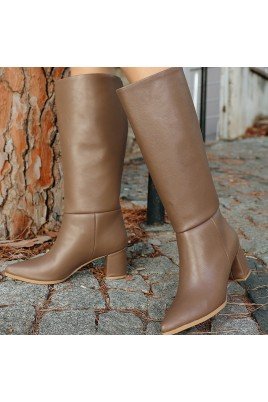 Kadın Topuklu Çizme Vizon Cilt Uzun Çizme Şık Kış