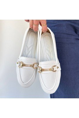 Kadın Babet Ayakkabı Beyaz Cilt Rahat Düz Taban Günlük