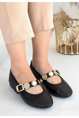 Kadın Babet Ayakkabı Siyah Cilt Rahat Düz Taban Günlük