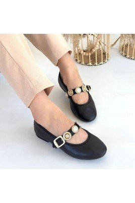 Kadın Babet Ayakkabı Siyah Cilt Rahat Düz Taban Günlük