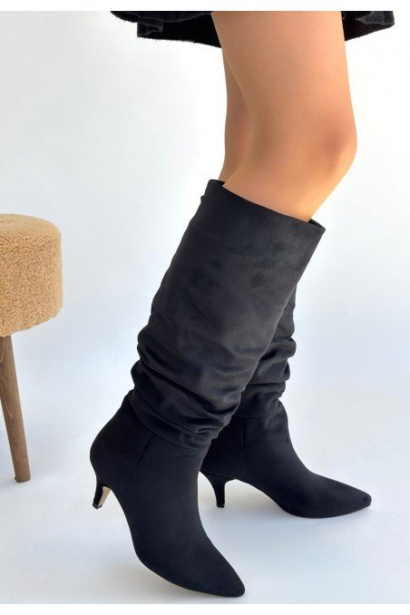 Kadın Topuklu Çizme Siyah Süet Uzun Çizme Şık Kış
