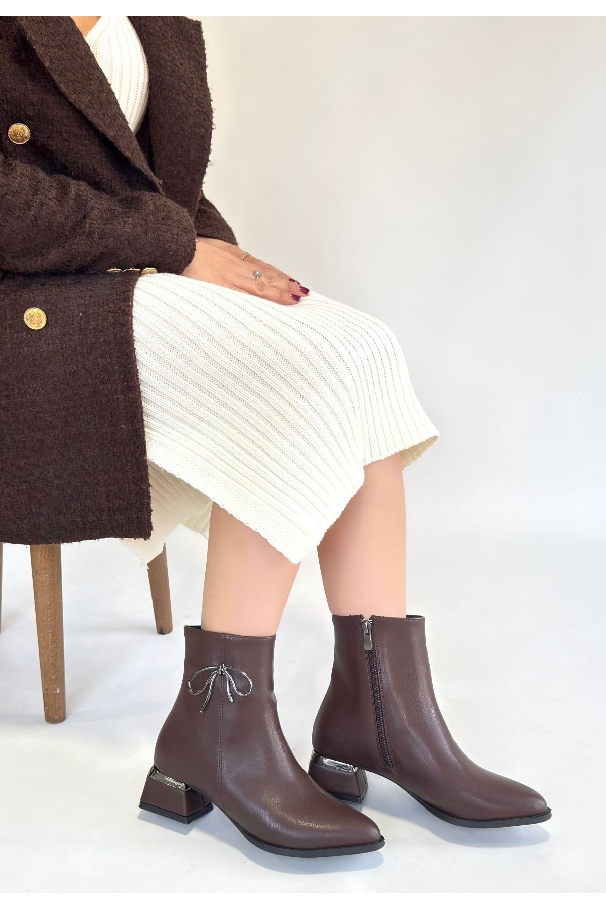 Kadın Topuklu Bot Kahverengi Cilt Şık Kısa Bot Günlük & Özel Gün
