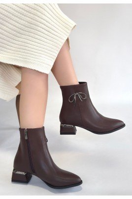 Kadın Topuklu Bot Kahverengi Cilt Şık Kısa Bot Günlük & Özel Gün