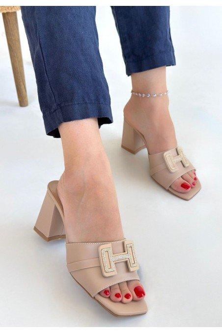 Kadın Topuklu Terlik Bej Cilt Şık Ev & Dış Mekan Günlük