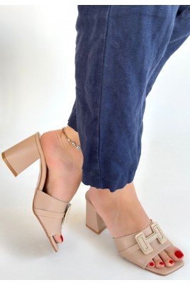 Kadın Topuklu Terlik Bej Cilt Şık Ev & Dış Mekan Günlük