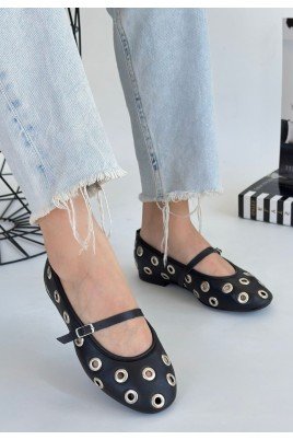 Kadın Babet Ayakkabı Siyah Cilt Rahat Düz Taban Günlük