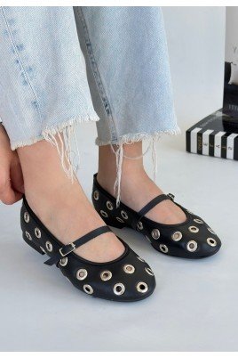 Kadın Babet Ayakkabı Siyah Cilt Rahat Düz Taban Günlük