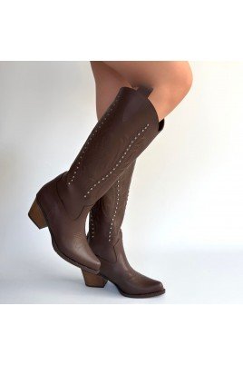 Kadın Topuklu Çizme Acı Kahve Cilt Uzun Çizme Şık Kış