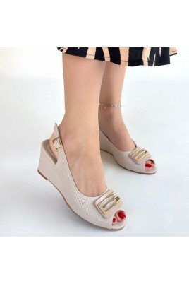 Kadın Dolgu Topuklu Platform Ayakkabı Bej Cilt Rahat Taban Günlük
