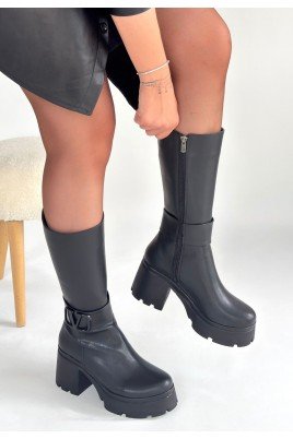 Kadın Topuklu Çizme Siyah Cilt Uzun Çizme Şık Kış