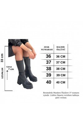 Kadın Topuklu Çizme Siyah Cilt Uzun Çizme Şık Kış