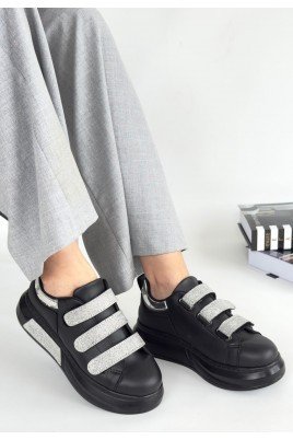 Kadın Sneaker Siyah Cilt Bağcıklı Günlük Spor Ayakkabı Simli