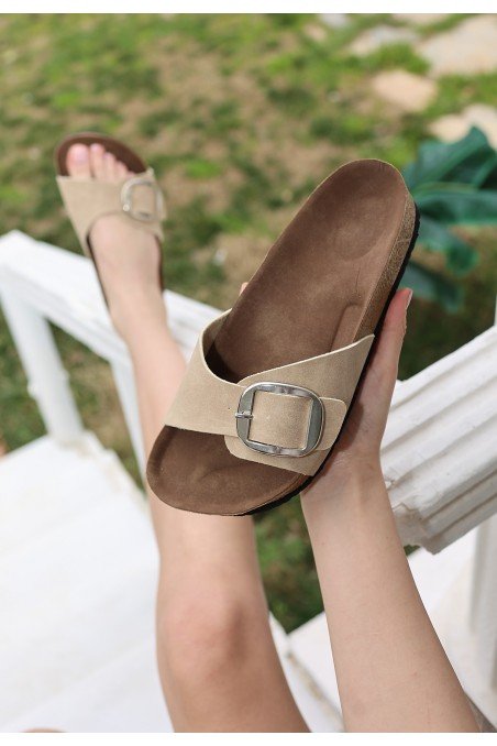 Kadın Terlik Bej Nubuk Günlük Yazlık Rahat