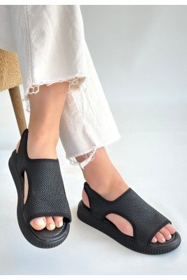 Kadın Sandalet Siyah Cilt Yazlık Günlük Rahat Taban