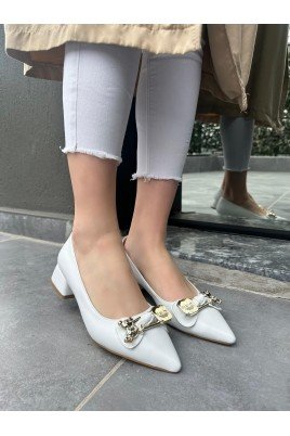 Kadın Topuklu Ayakkabı Beyaz Cilt Ofis & Günlük Şık