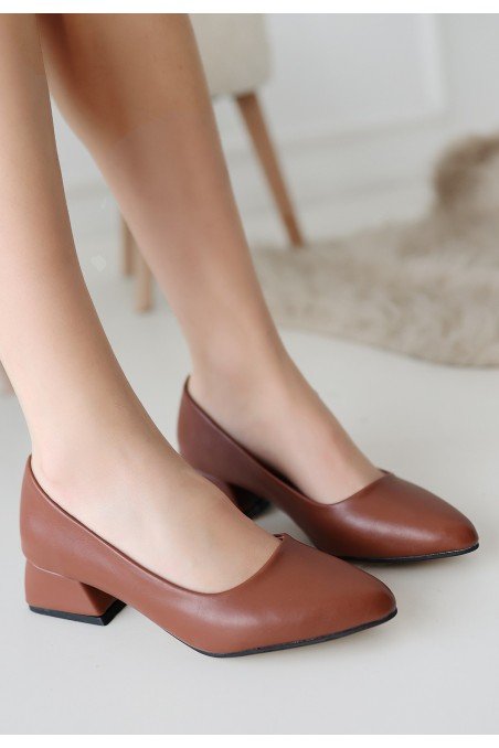 Kadın Topuklu Ayakkabı Taba Cilt Ofis & Günlük Şık